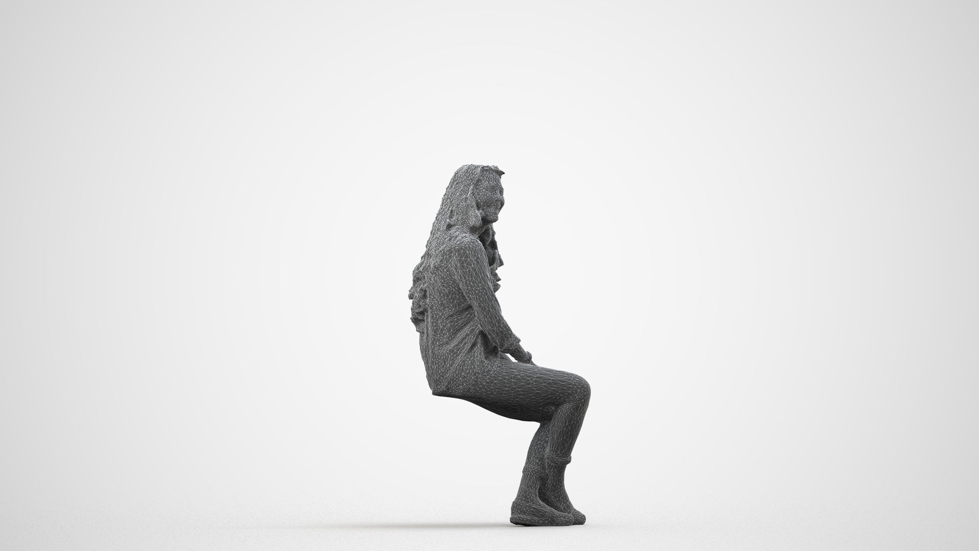 realistic 3D human woman casual sitting, archviz people FBX OBJ for Blender, wireframe side view