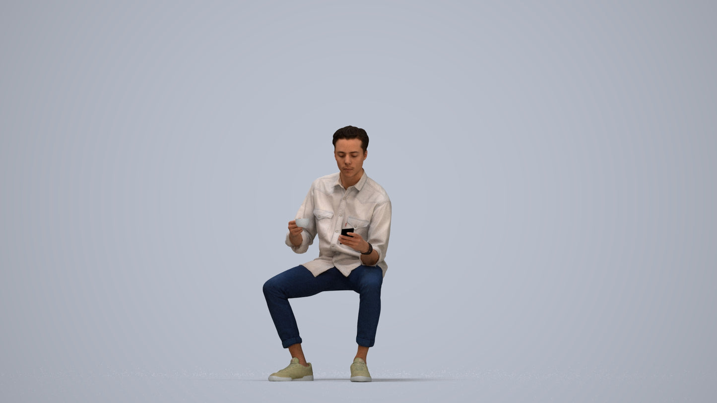 3D human model man casual sitting, photogrammetry scanned person for archviz, top-down view render