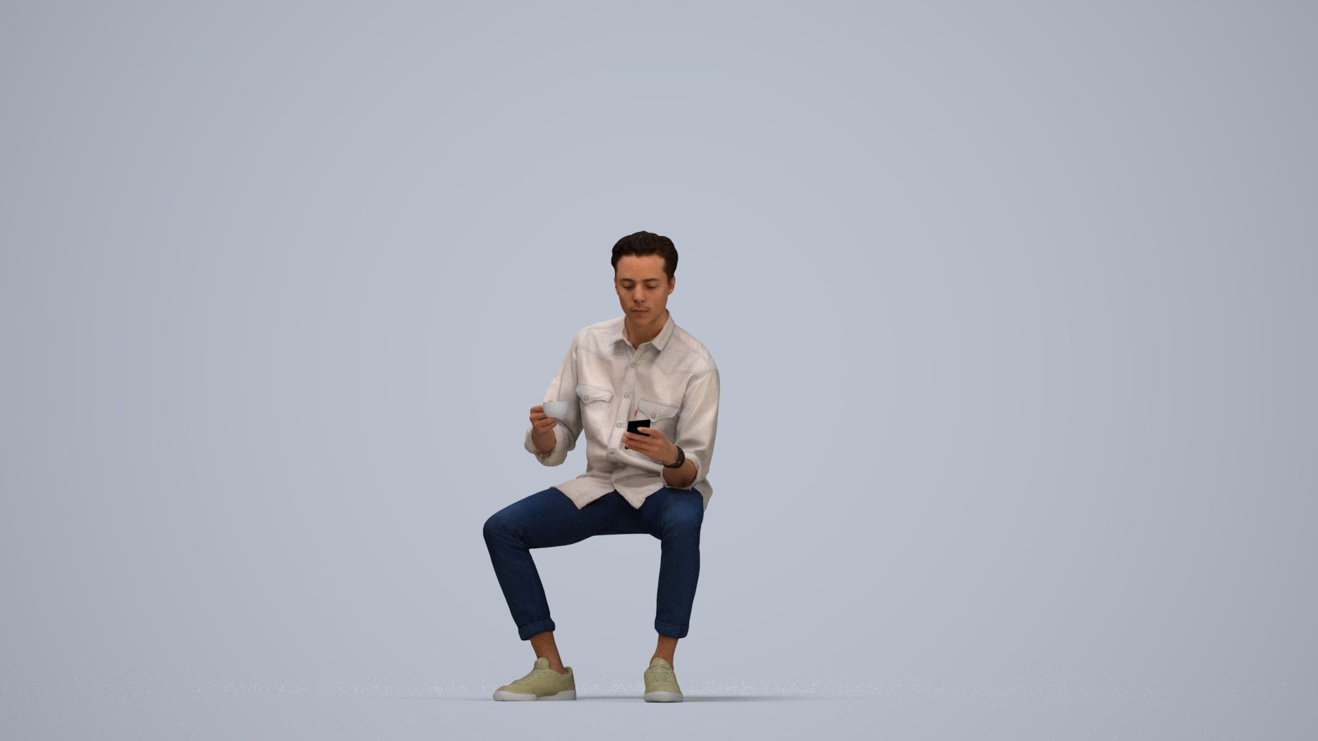 3D human model man casual sitting, photogrammetry scanned person for archviz, top-down view render