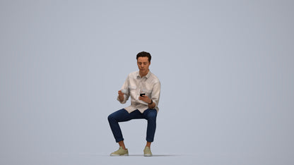 3D human model man casual sitting, photogrammetry scanned person for archviz, top-down view render