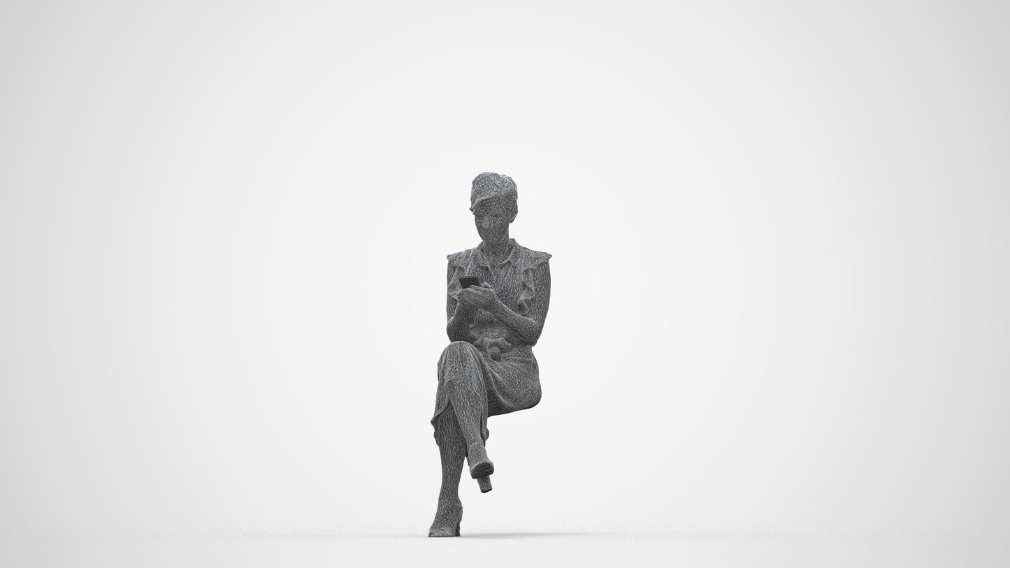 realistic 3D people woman casual sitting, render-ready for V-Ray and Corona, FBX OBJ, wireframe back view