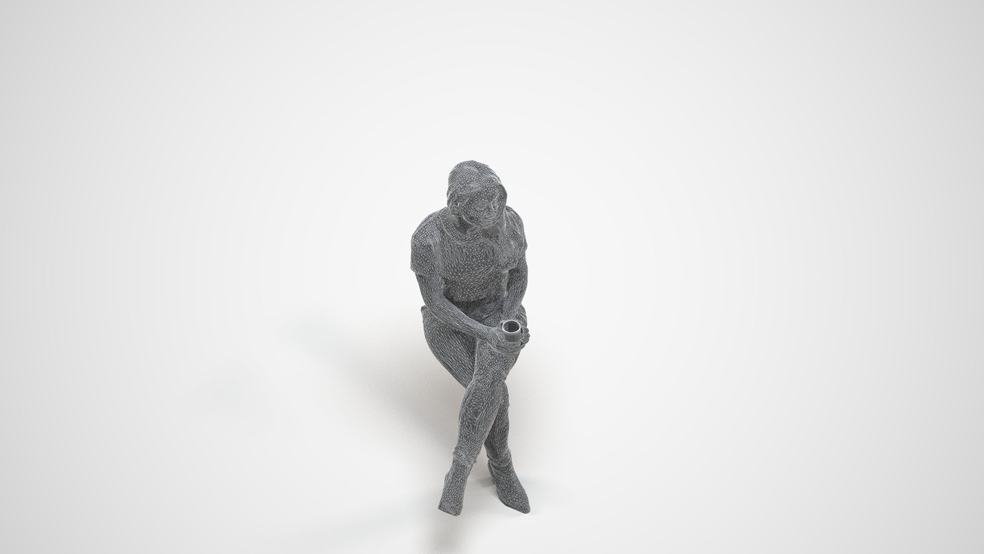 realistic 3D people woman casual sitting, render-ready for V-Ray and Corona, FBX OBJ, wireframe three-quarter view