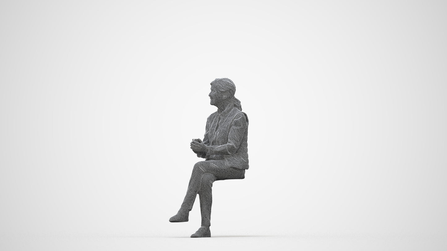 realistic 3D people senior woman casual sitting, render-ready for V-Ray and Corona, FBX OBJ, wireframe back view