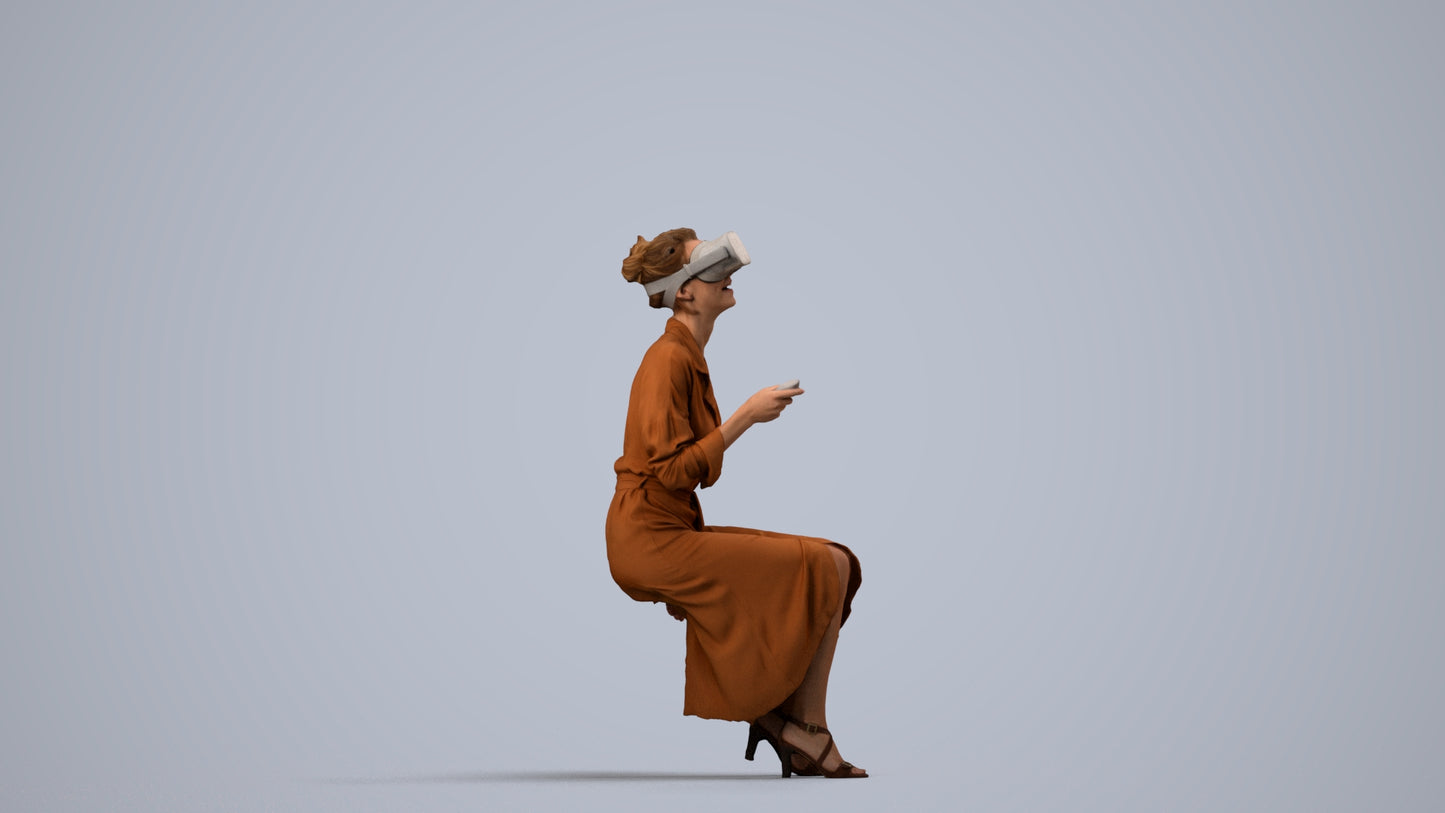 photogrammetry 3D woman casual sitting, realistic human model archviz FBX, side view render