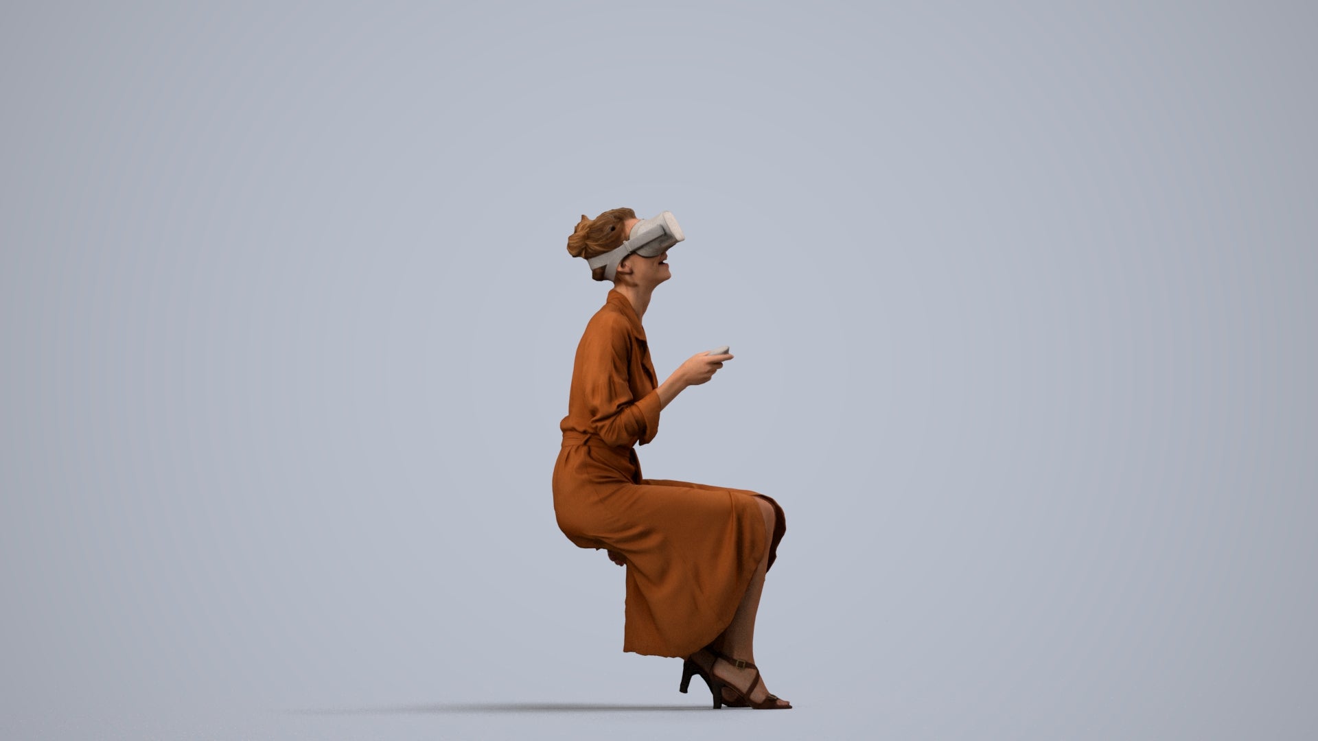 photogrammetry 3D woman casual sitting, realistic human model archviz FBX, side view render