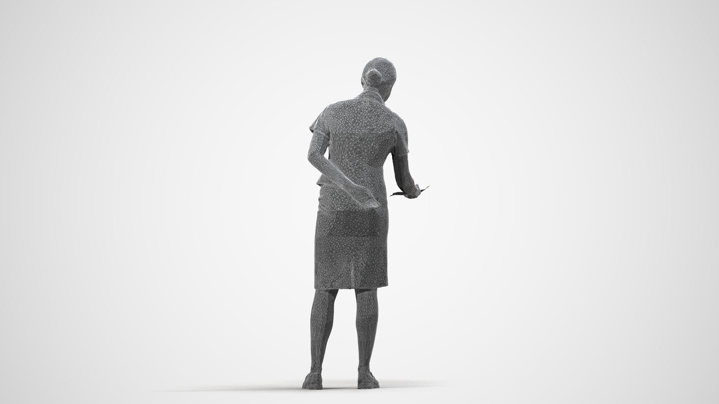 photogrammetry 3D woman hospitality, realistic human model archviz FBX, wireframe side view
