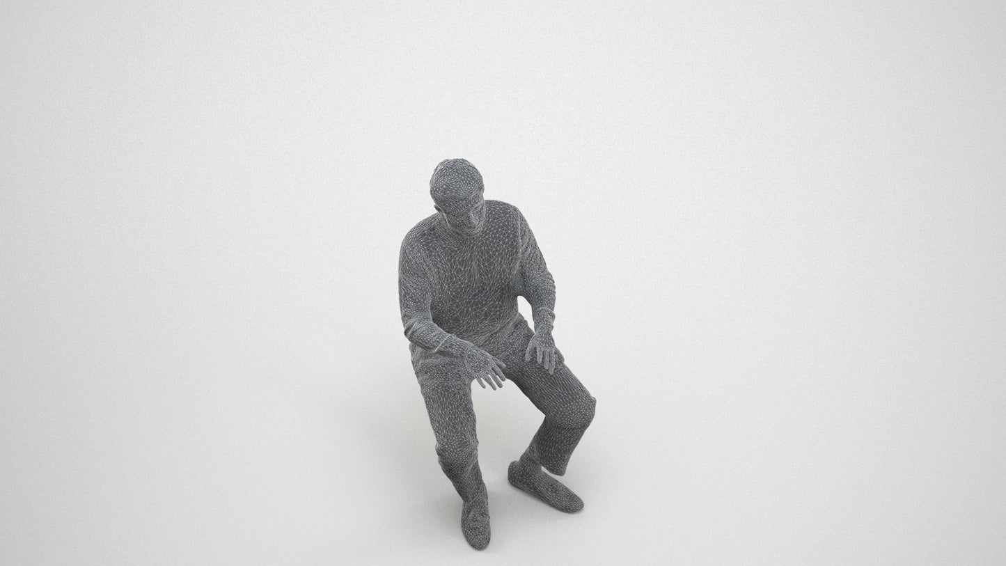 realistic 3D people man casual sitting, render-ready for V-Ray and Corona, FBX OBJ, wireframe three-quarter view
