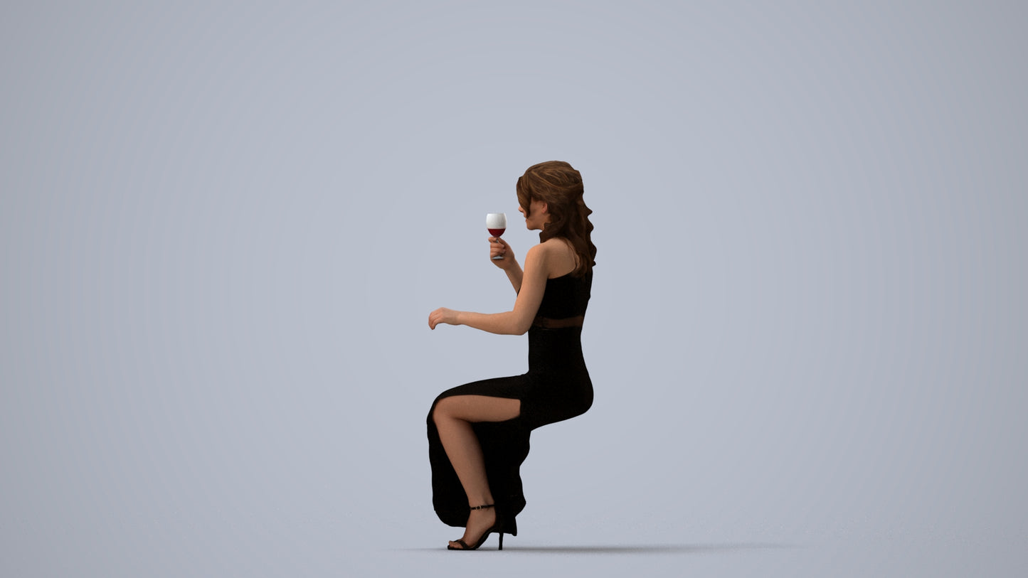 3D human model woman formal formalaffairs, photogrammetry scanned person for archviz, three-quarter view render