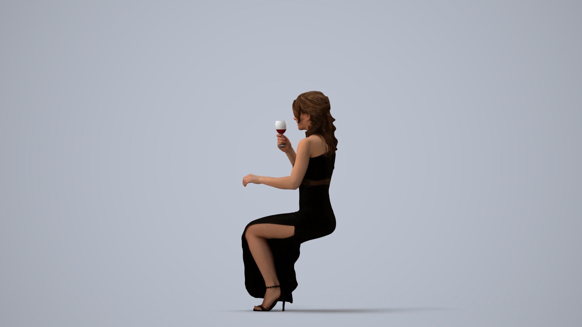 3D human model woman formal formalaffairs, photogrammetry scanned person for archviz, three-quarter view render