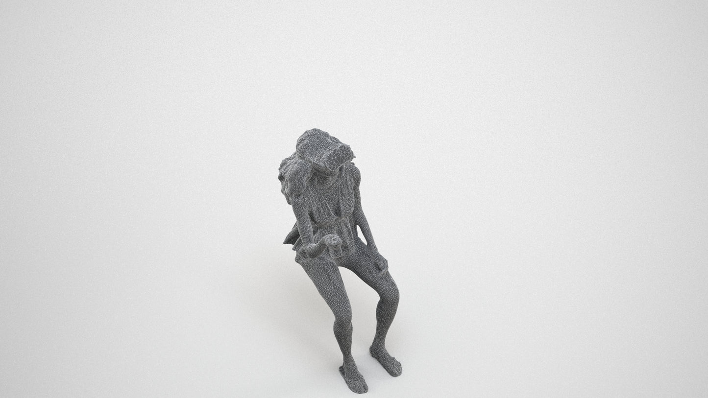 photogrammetry 3D woman casual sitting, realistic human model archviz FBX, wireframe three-quarter view