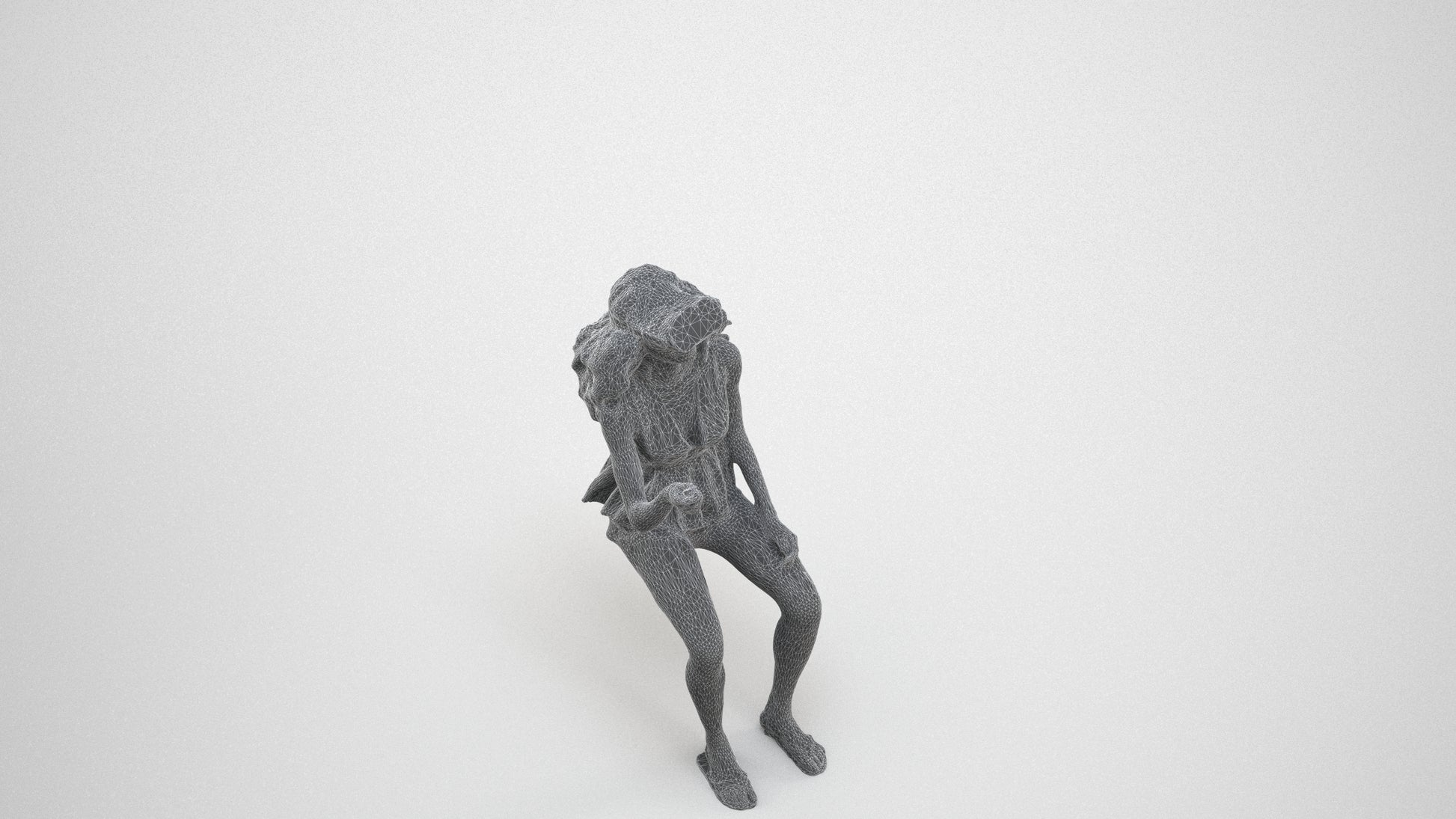 photogrammetry 3D woman casual sitting, realistic human model archviz FBX, wireframe three-quarter view