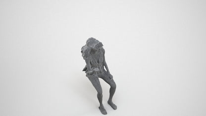 photogrammetry 3D woman casual sitting, realistic human model archviz FBX, wireframe three-quarter view