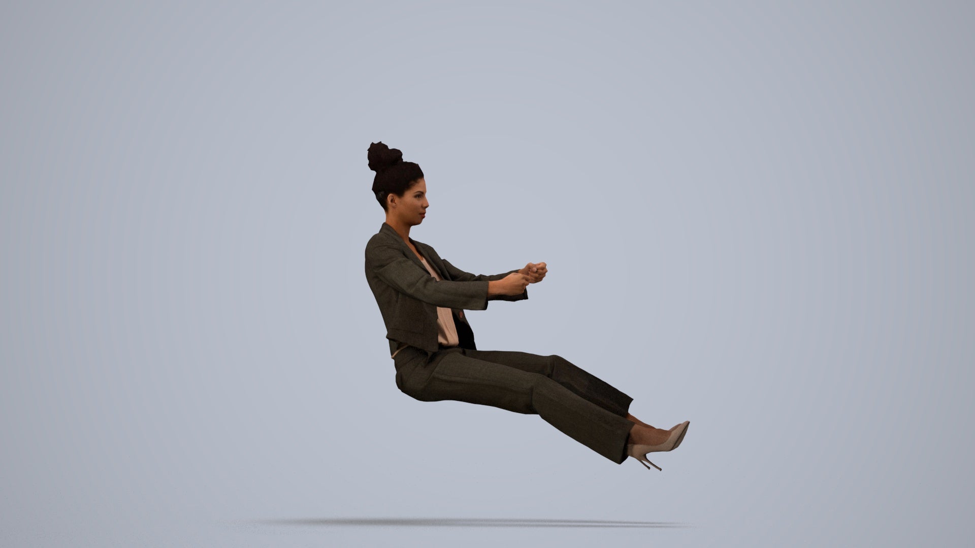 3D human model woman business driving, photogrammetry scanned person for archviz, side view render