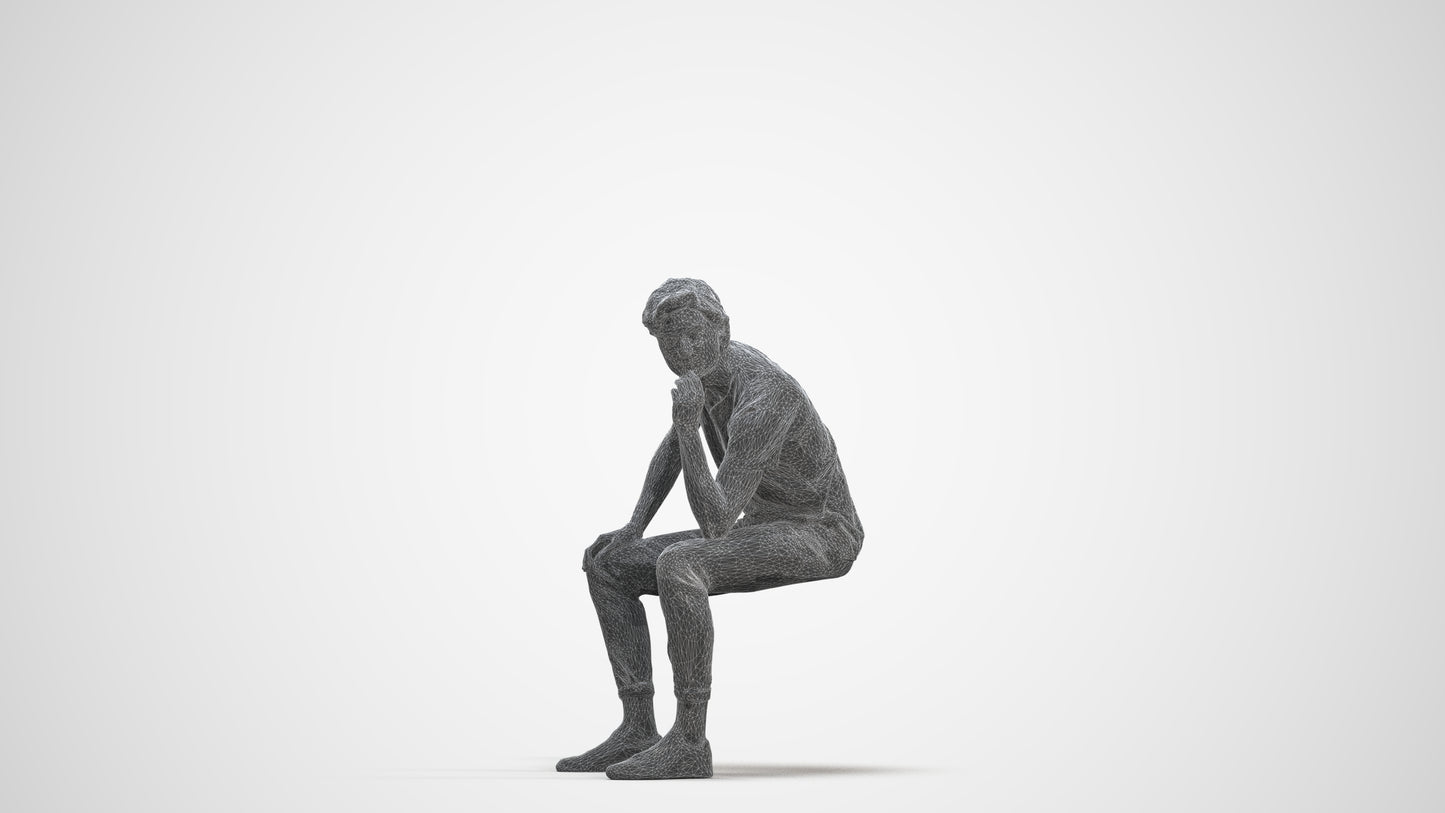 3D scanned man sitting casual, photorealistic archviz people for Enscape and SketchUp, three-quarter front view render