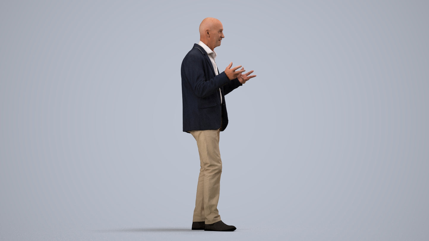 3D scanned senior man business, photorealistic archviz people for Enscape and SketchUp, side view render