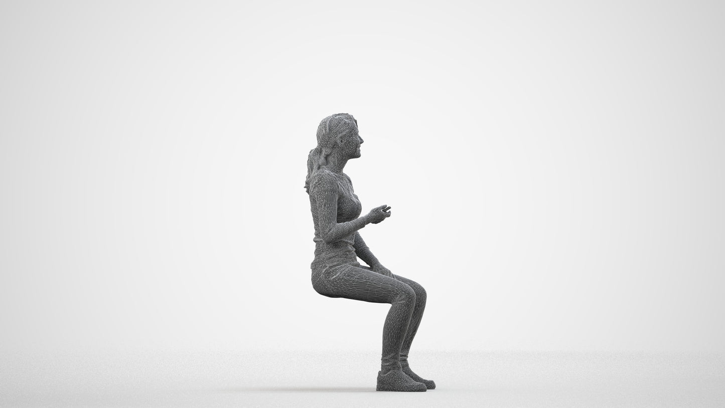 scanned 3D woman casual sitting, photogrammetry people for Enscape and V-Ray, wireframe side view