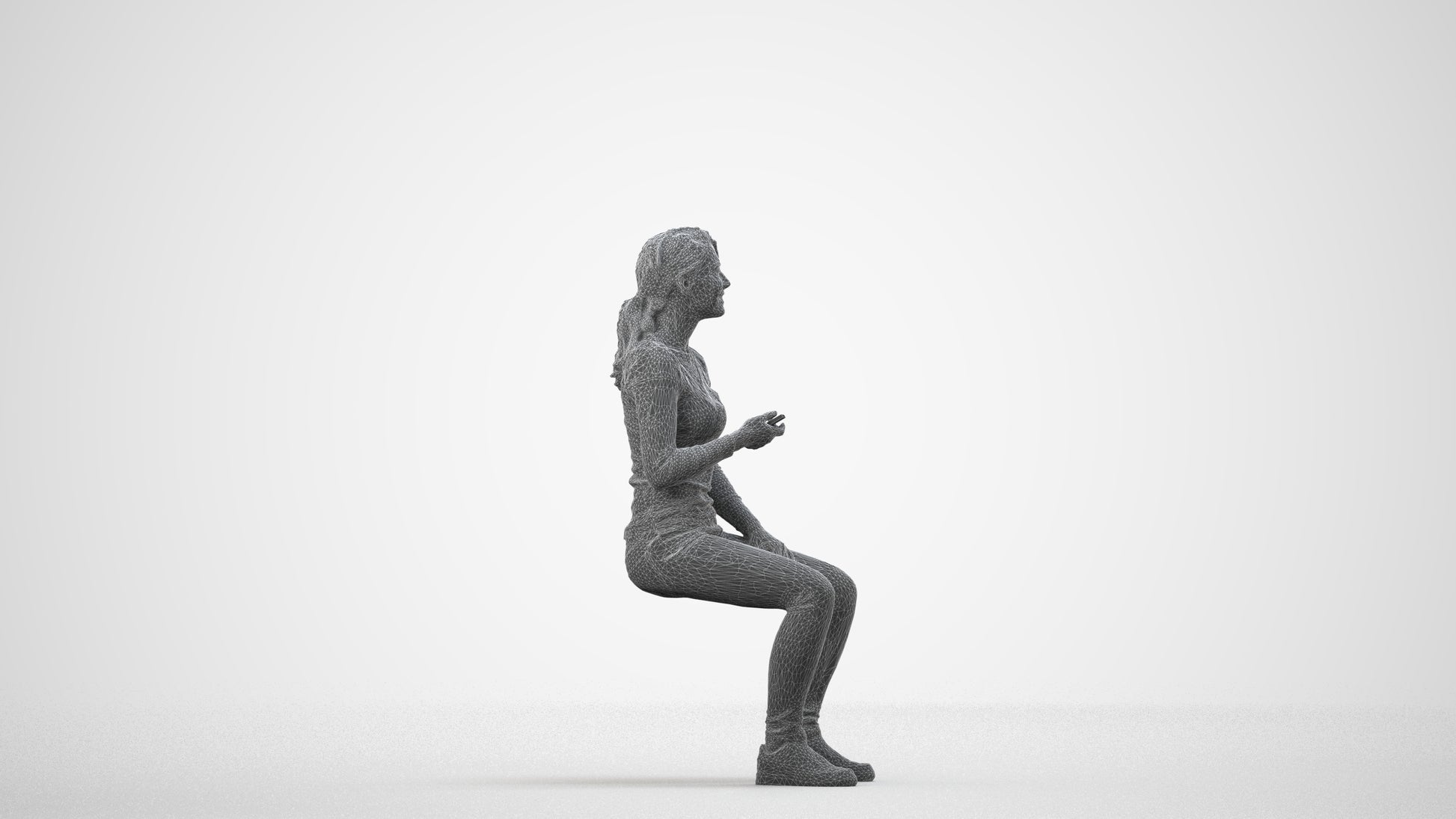 scanned 3D woman casual sitting, photogrammetry people for Enscape and V-Ray, wireframe side view
