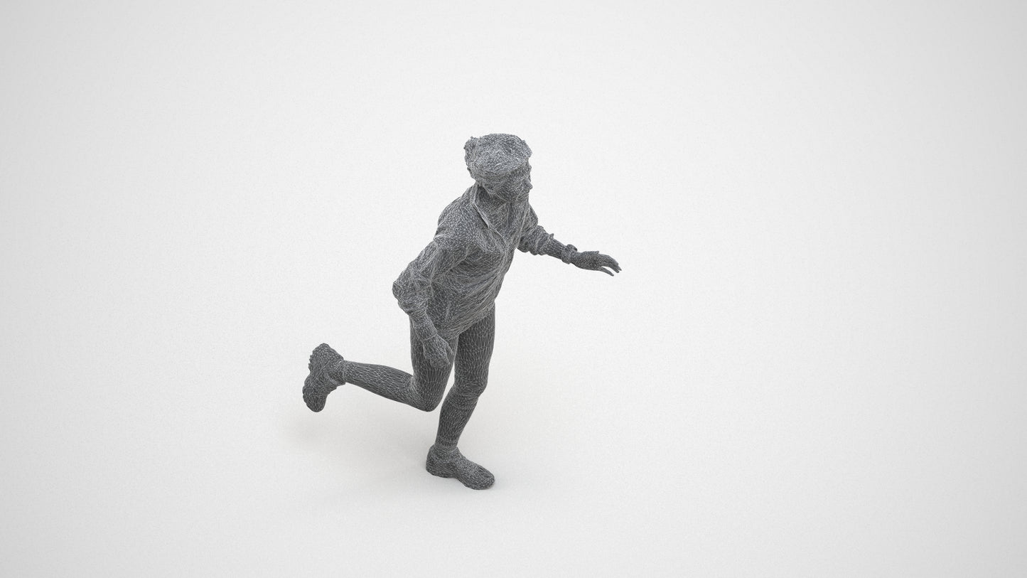 3D human model woman sport, photogrammetry scanned person for archviz, wireframe three-quarter view