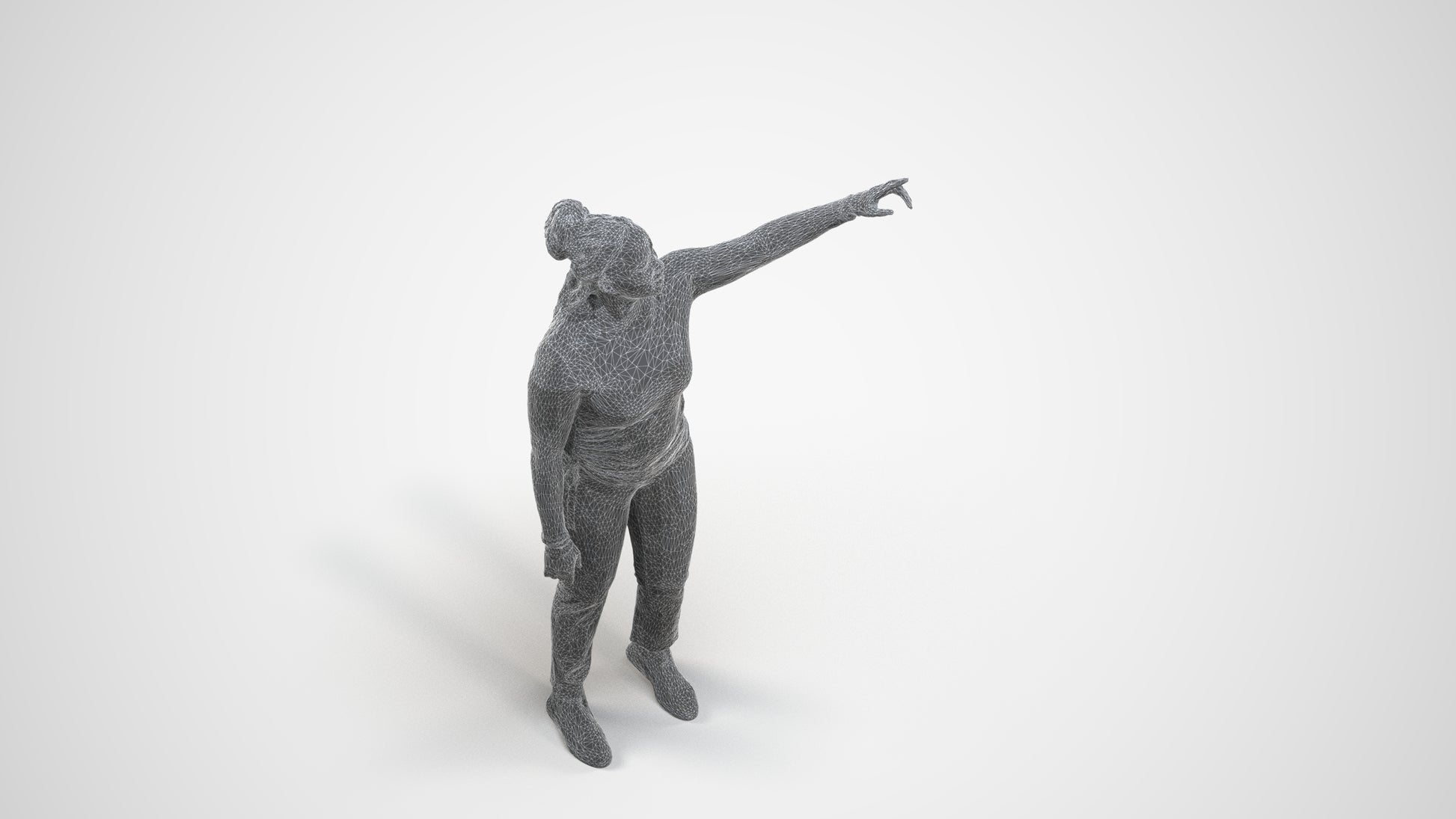 3D scanned woman standing casual, photorealistic archviz people for Enscape and SketchUp, wireframe three-quarter view