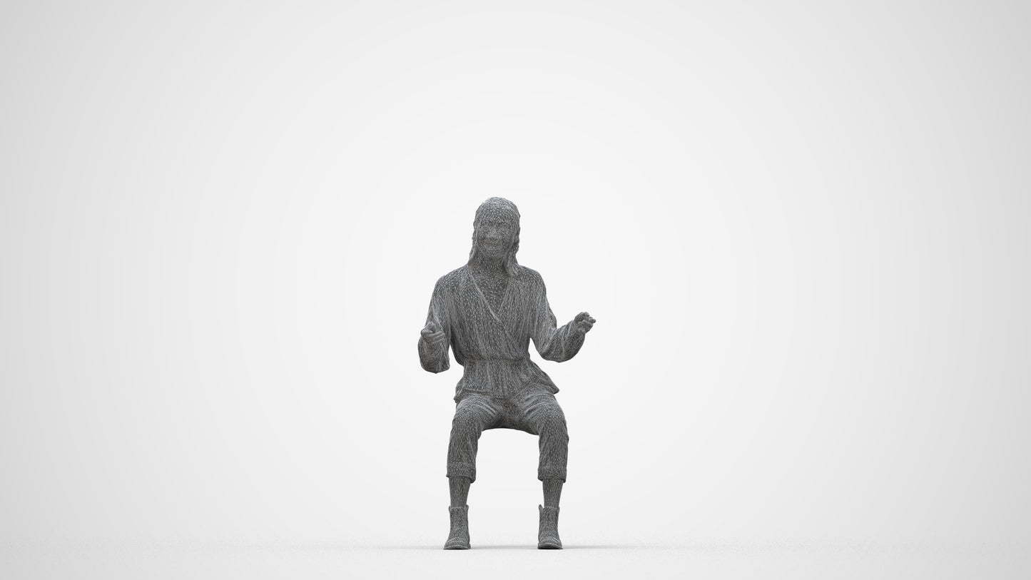 3D scanned woman sitting casual, photorealistic archviz people for Enscape and SketchUp, wireframe back view