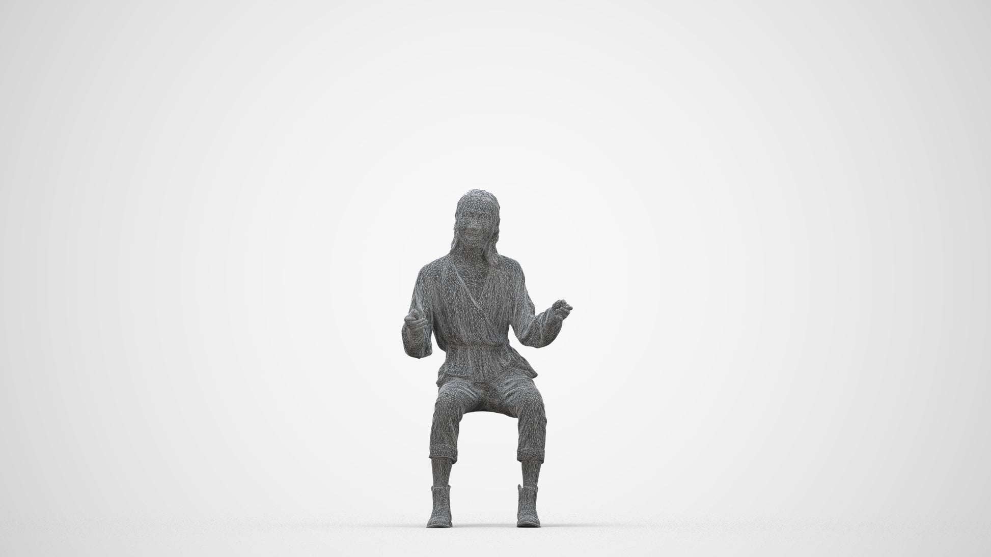 3D scanned woman sitting casual, photorealistic archviz people for Enscape and SketchUp, wireframe back view