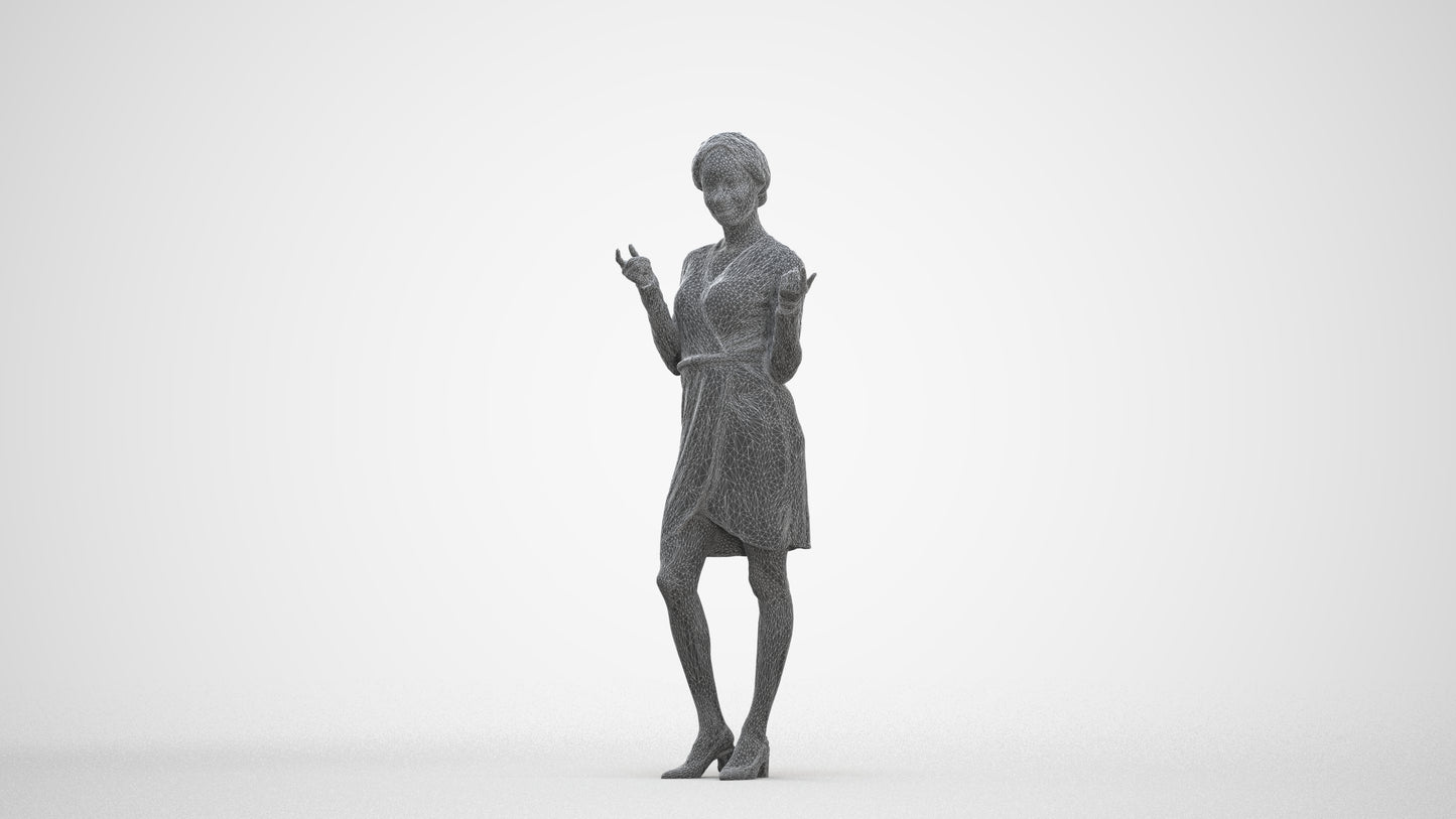 3D human model woman casual standing, photogrammetry scanned person for archviz, three-quarter front view render