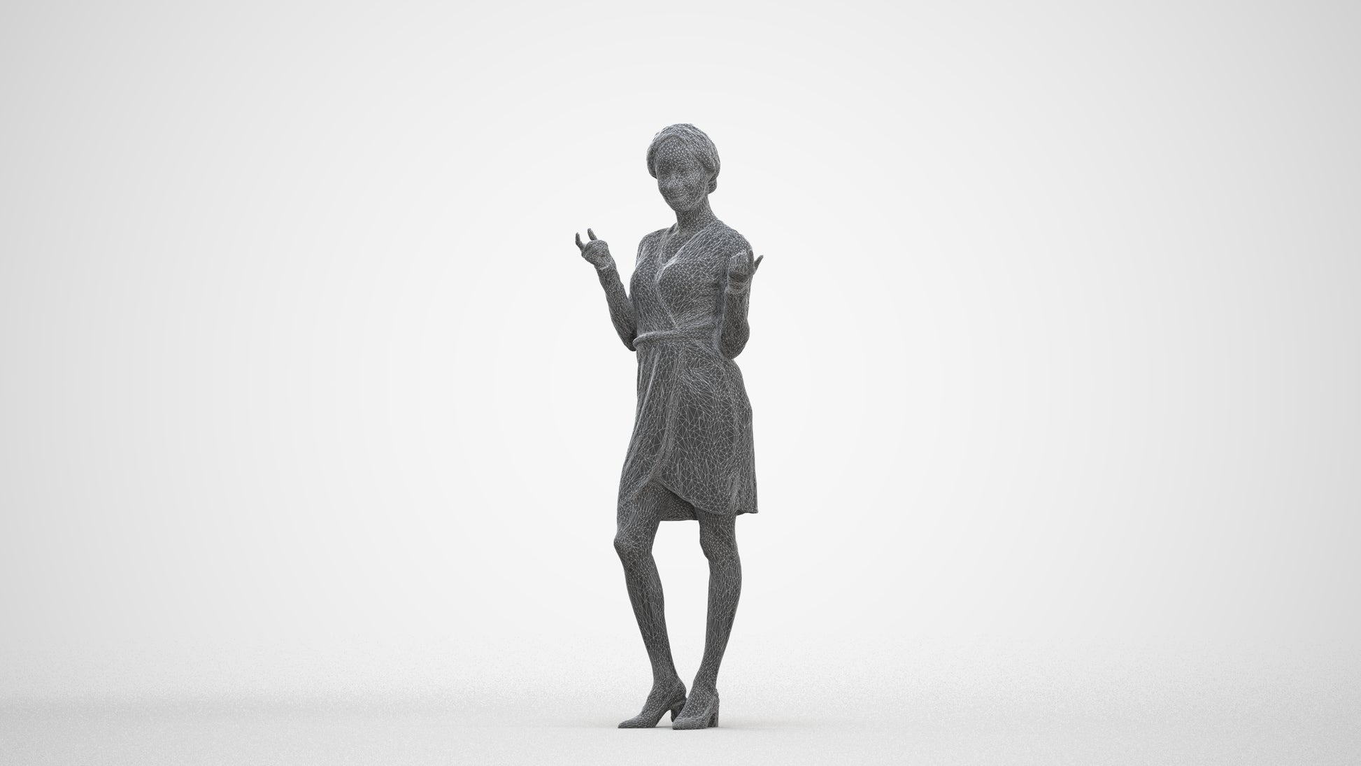 3D human model woman casual standing, photogrammetry scanned person for archviz, three-quarter front view render