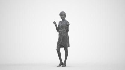 3D human model woman casual standing, photogrammetry scanned person for archviz, three-quarter front view render