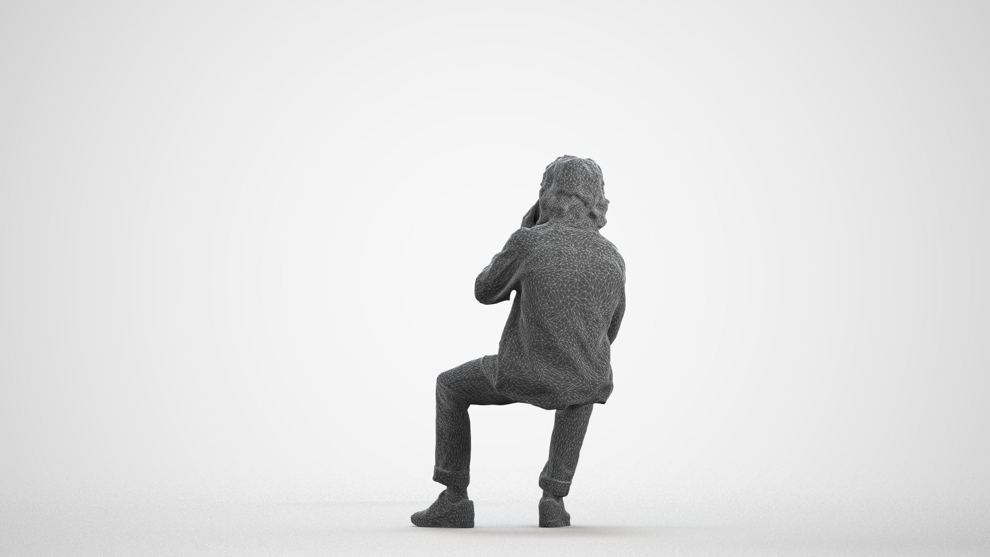 3D human model man casual sitting, photogrammetry scanned person for archviz, wireframe front view