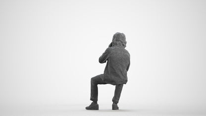 3D human model man casual sitting, photogrammetry scanned person for archviz, wireframe front view