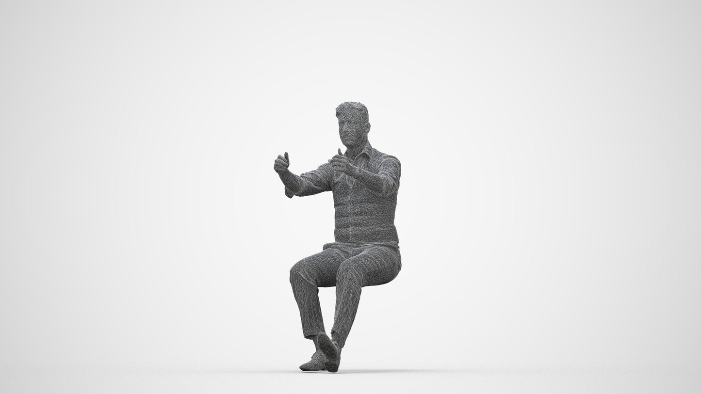 3D human model man casual driving, photogrammetry scanned person for archviz, wireframe back view