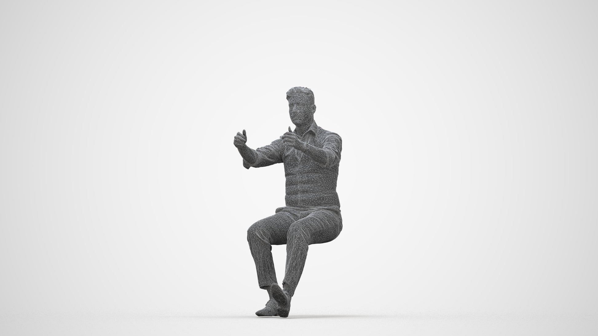 3D human model man casual driving, photogrammetry scanned person for archviz, wireframe back view
