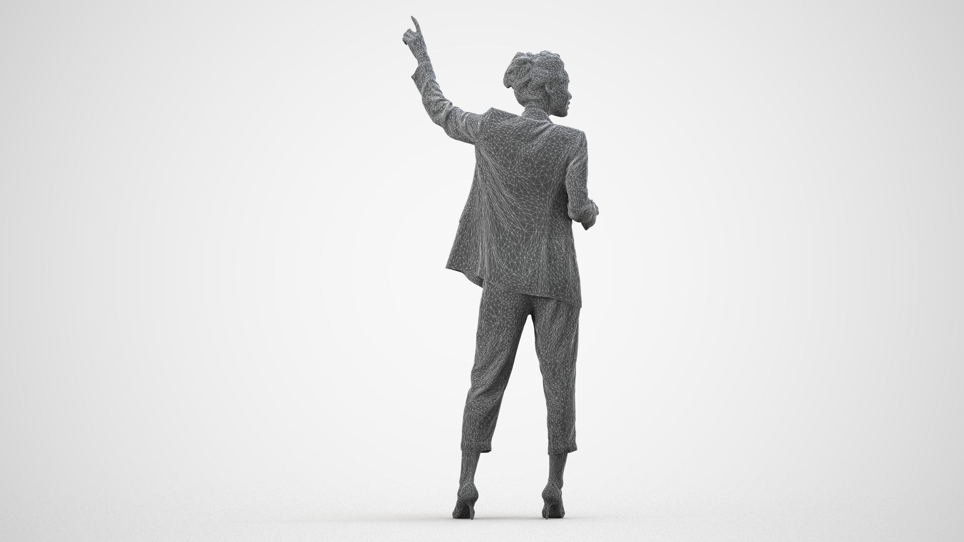 3D human model woman business, photogrammetry scanned person for archviz, wireframe side view
