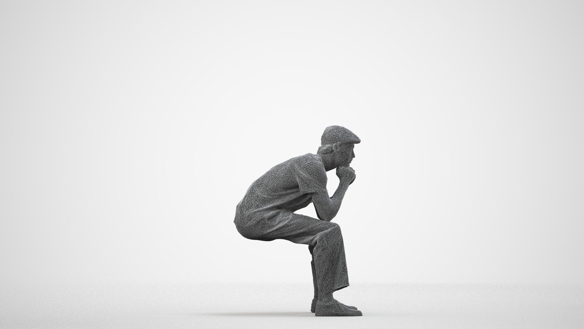 3D scanned man sitting casual, photorealistic archviz people for Enscape and SketchUp, wireframe side view