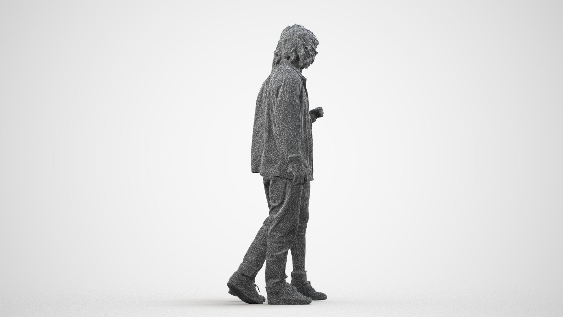 3D human model woman casual shopping, photogrammetry scanned person for archviz, wireframe side view