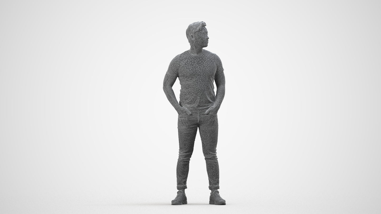 3D people model man casual standing, scanned human for 3ds Max rendering, wireframe side view