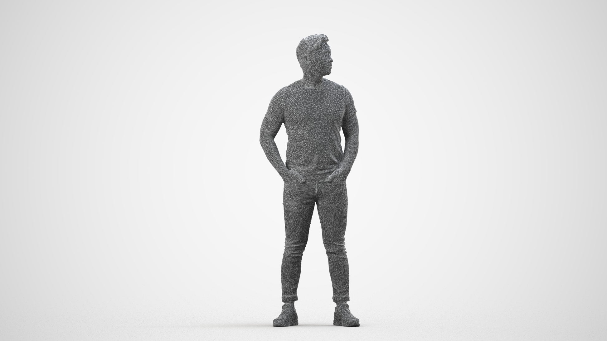 3D people model man casual standing, scanned human for 3ds Max rendering, wireframe side view