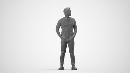 3D people model man casual standing, scanned human for 3ds Max rendering, wireframe side view