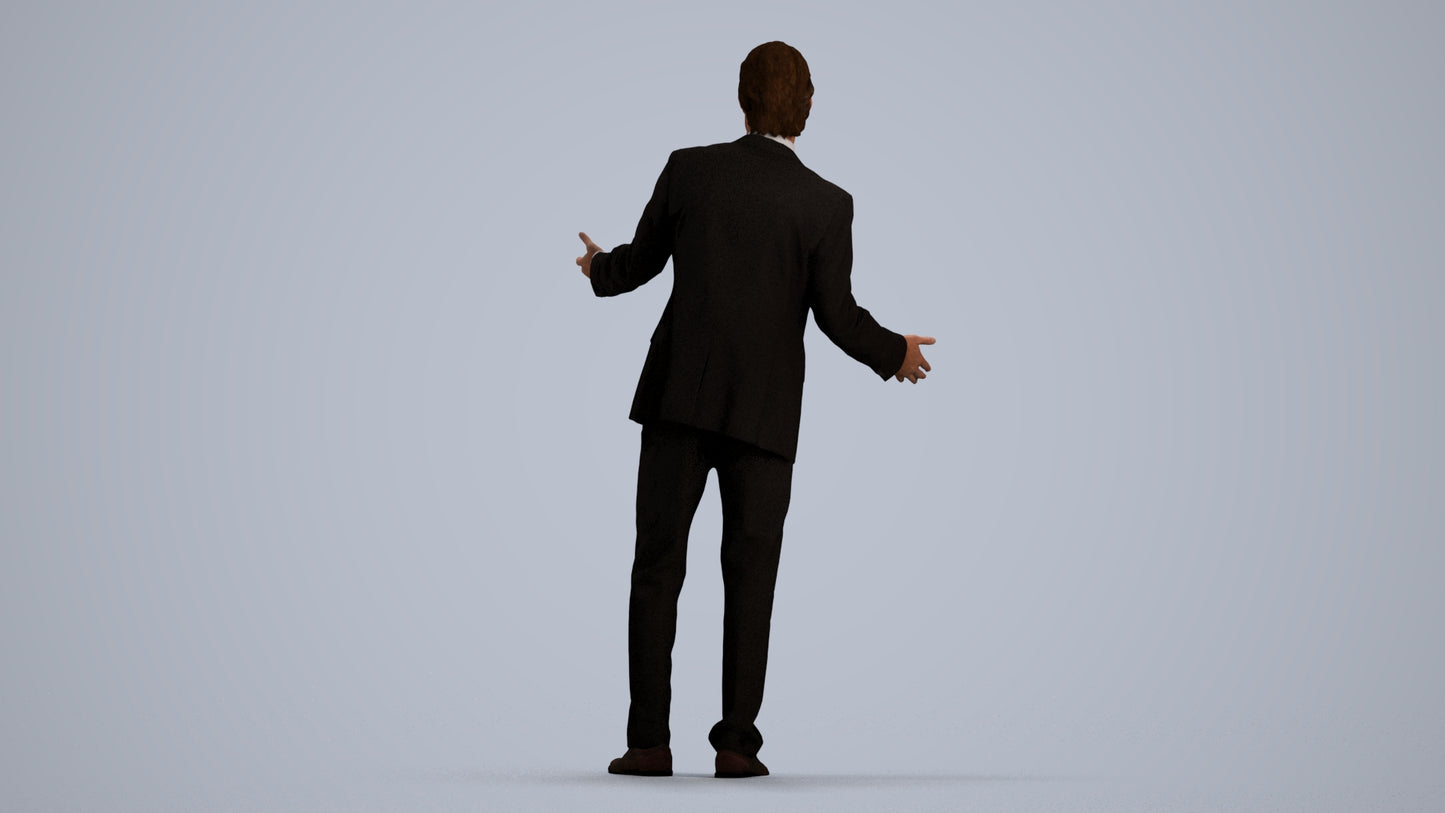3D human model man business, photogrammetry scanned person for archviz, front view render