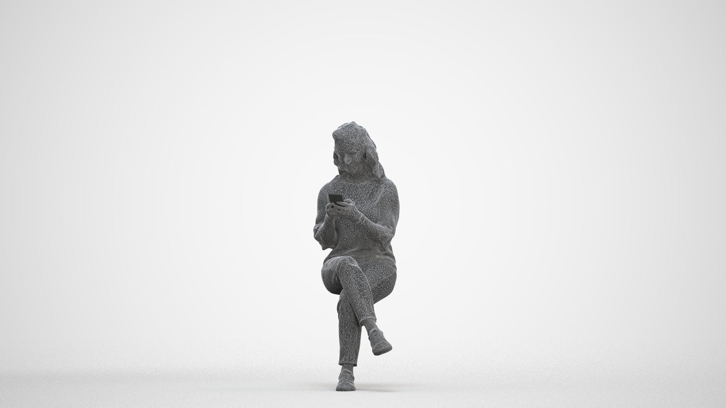 realistic 3D human woman casual sitting, archviz people FBX OBJ for Blender, three-quarter front view render