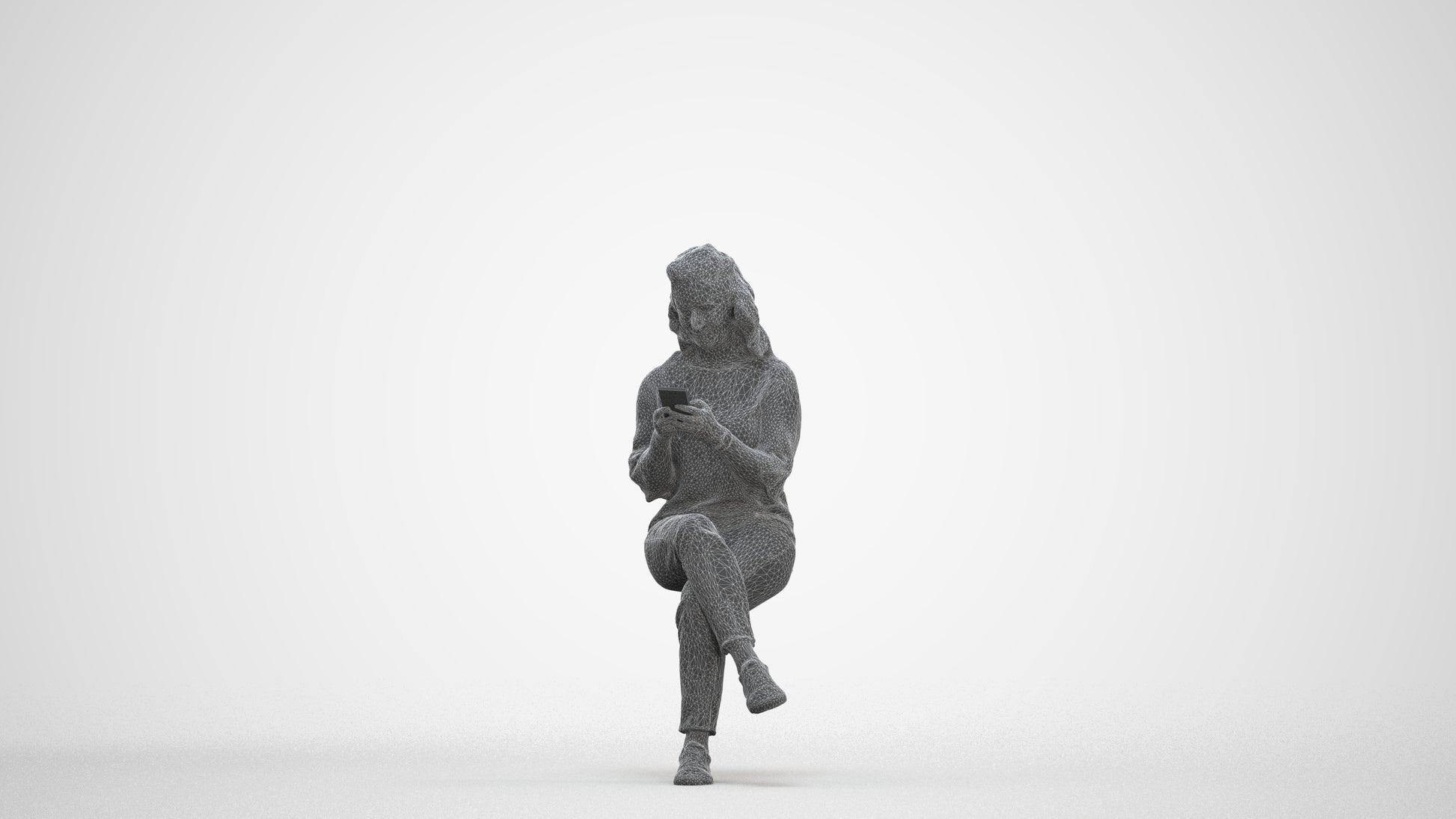 realistic 3D human woman casual sitting, archviz people FBX OBJ for Blender, three-quarter front view render