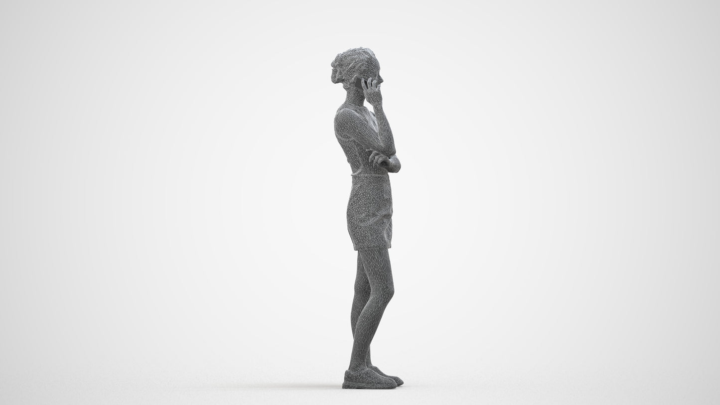 3D human model woman casual standing, photogrammetry scanned person for archviz, wireframe side view