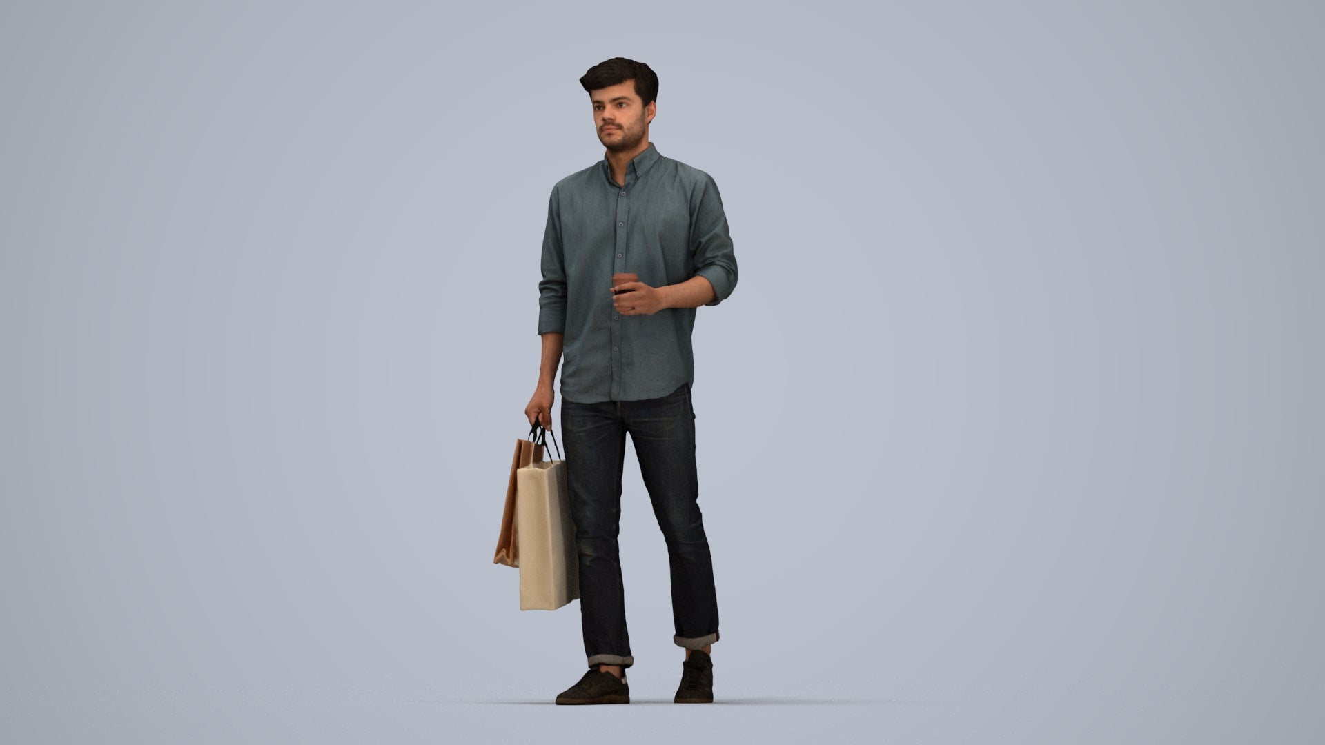 photogrammetry 3D man casual standing, realistic human model archviz FBX, top-down view render