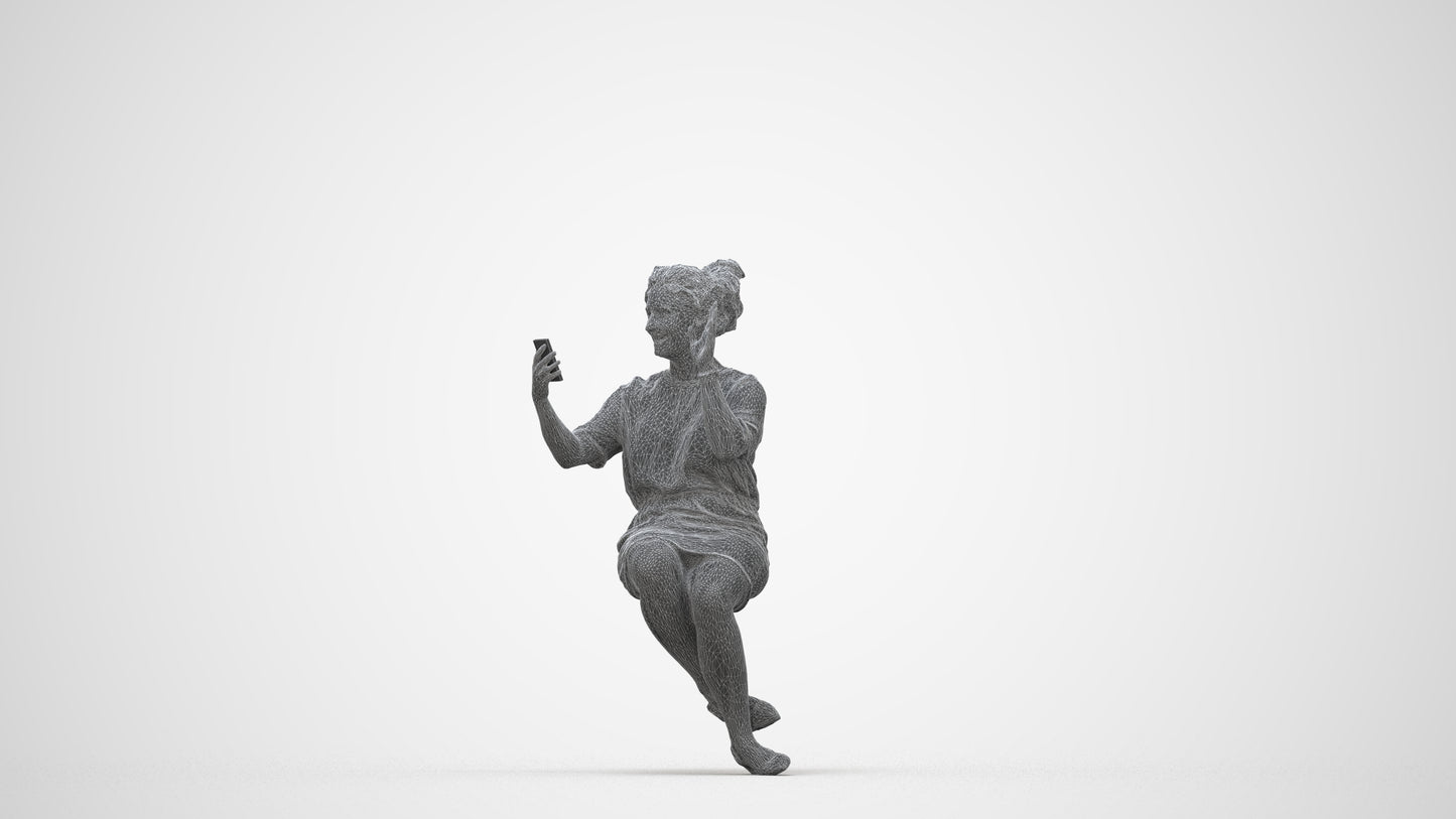3D scanned woman sitting casual, photorealistic archviz people for Enscape and SketchUp, wireframe back view