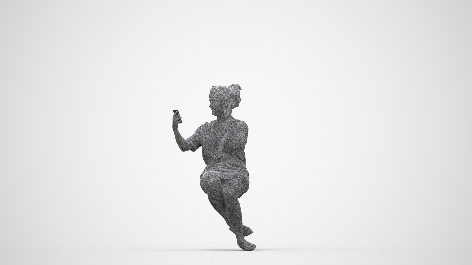 3D scanned woman sitting casual, photorealistic archviz people for Enscape and SketchUp, wireframe back view