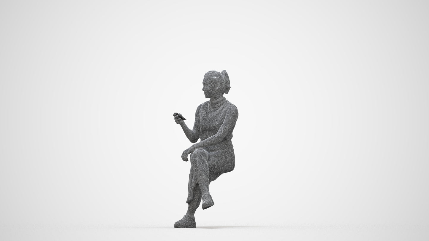 photogrammetry 3D woman casual sitting, realistic human model archviz FBX, wireframe back view