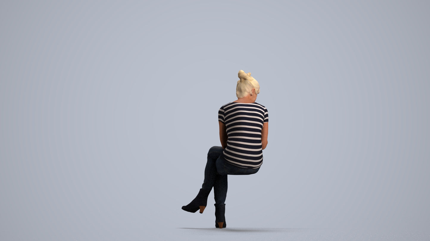 3D people model senior woman casual sitting, scanned human for 3ds Max rendering, front view render