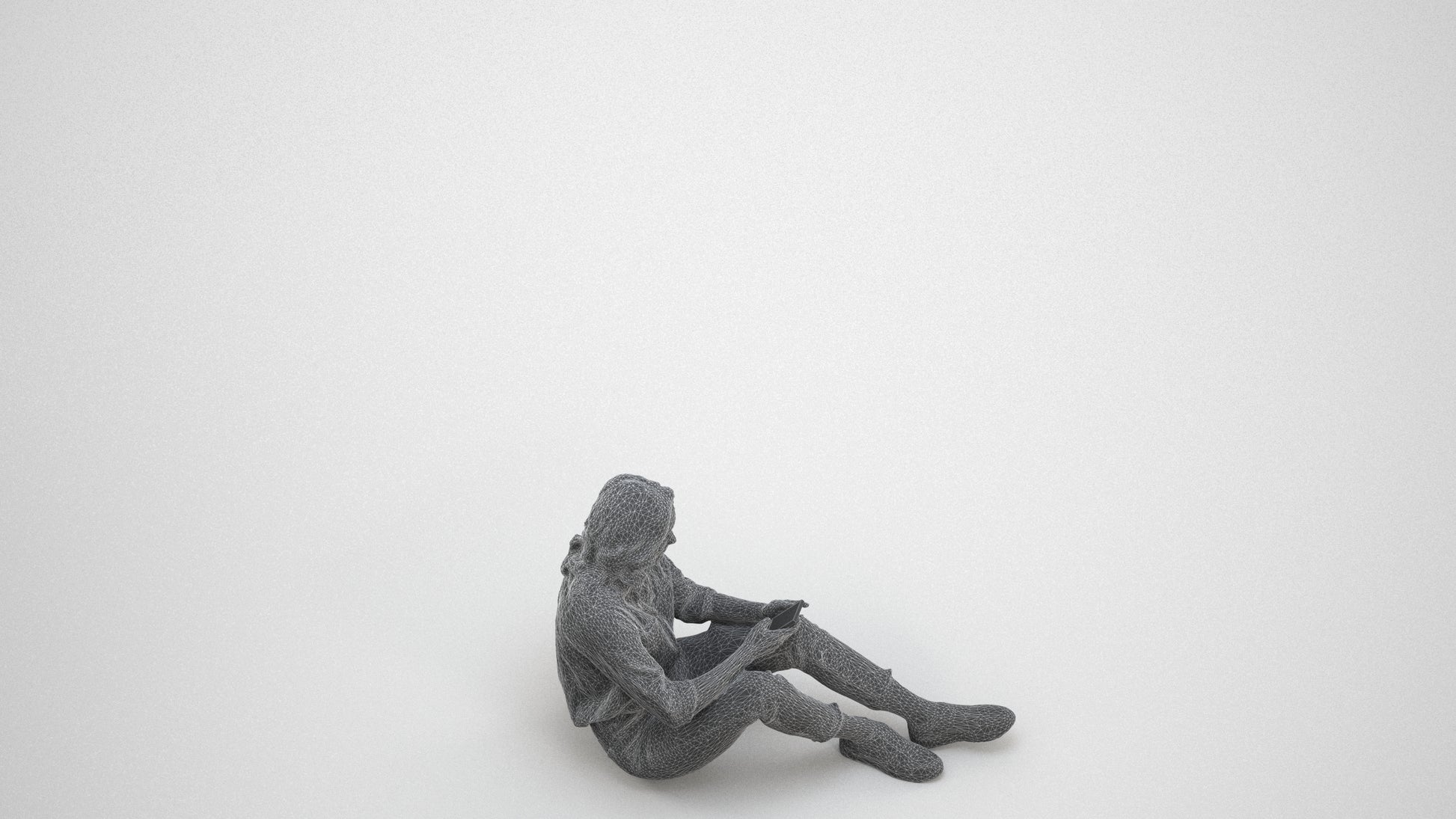 3D people model woman casual sitting, scanned human for 3ds Max rendering, wireframe three-quarter view