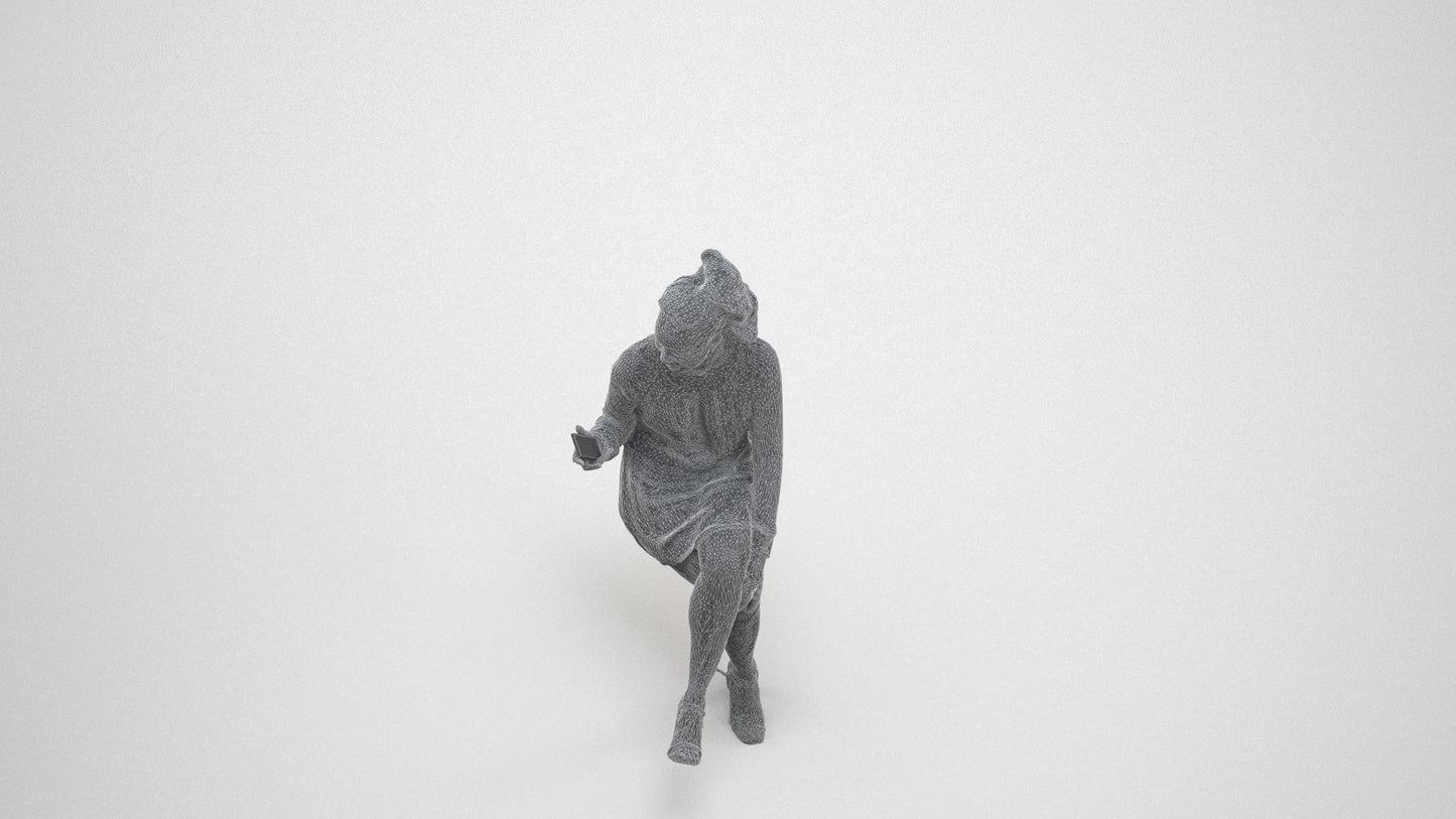 3D scanned woman sitting casual, photorealistic archviz people for Enscape and SketchUp, wireframe three-quarter view
