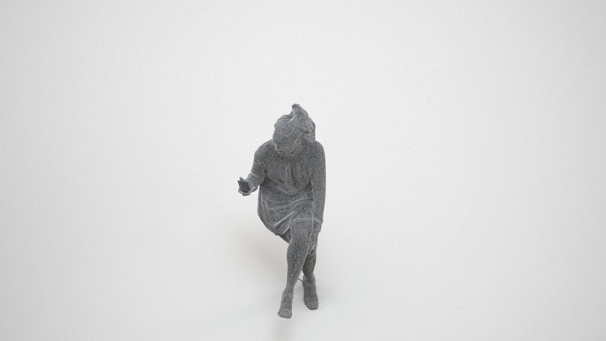 3D scanned woman sitting casual, photorealistic archviz people for Enscape and SketchUp, wireframe three-quarter view